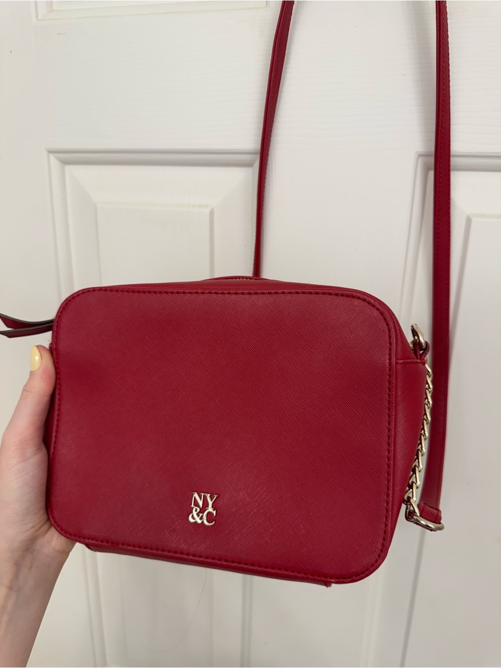 New York & Company Cherry Red Crossbody with Gold Accent